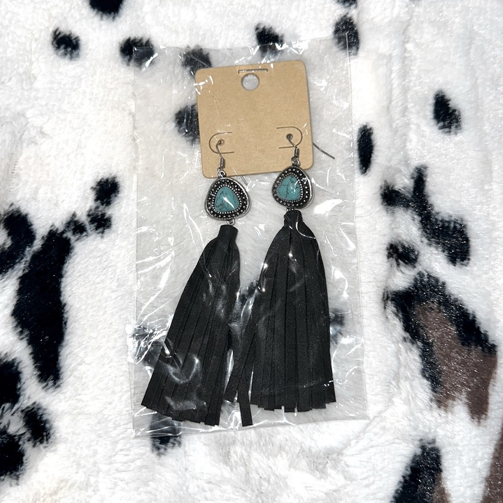 Faux Turquoise Stone Black Tassel Hook Earrings